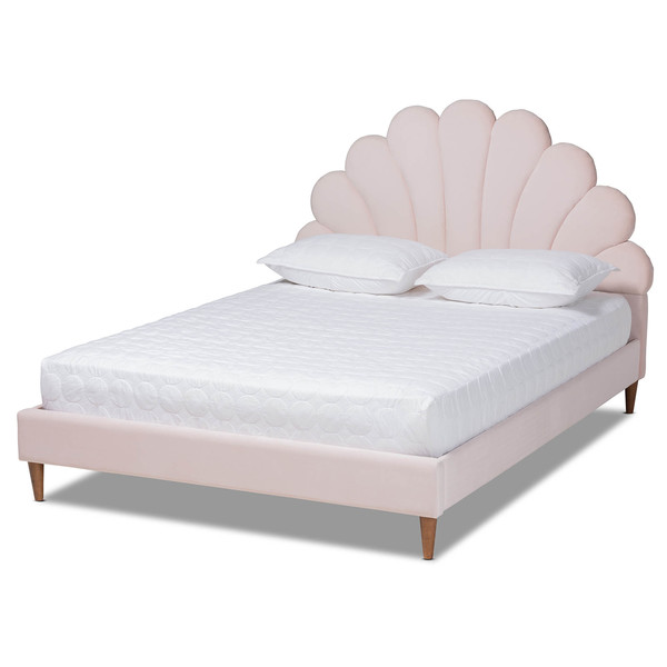 Baxton Studio Odille Pink Velvet Walnut Wood Queen Size Seashell Shaped Platform Bed 163-10333